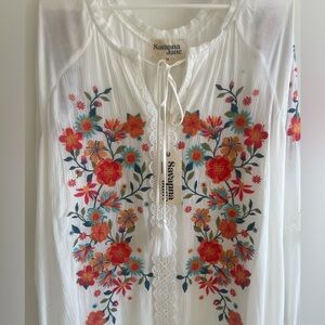 NWT Savanna Jane boho floral embroidered tassel tie top 1X